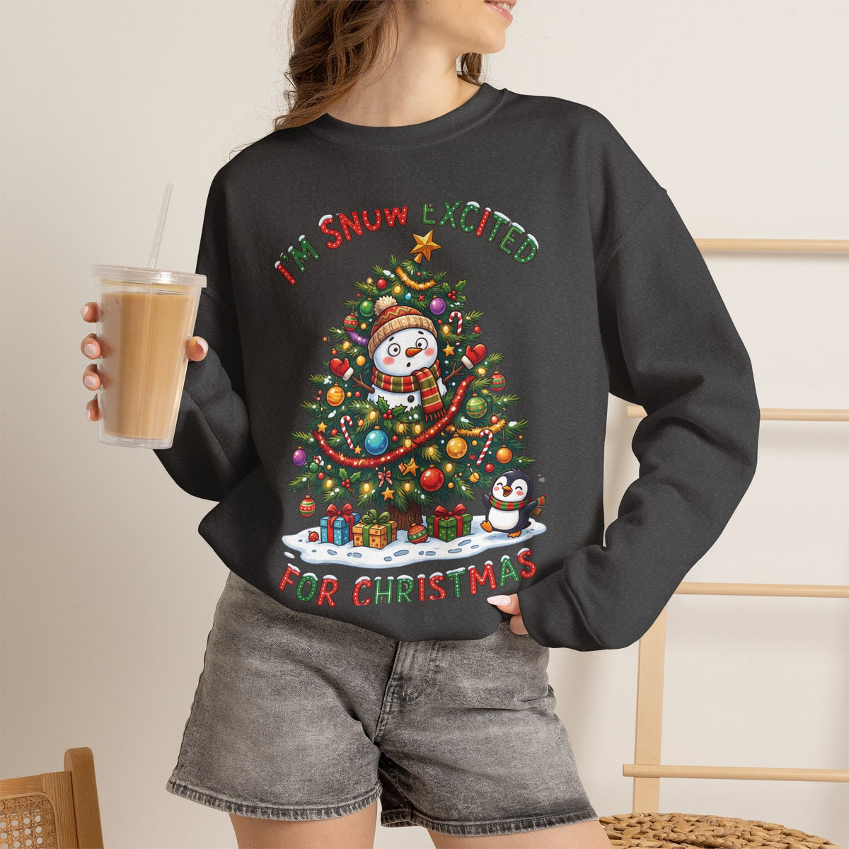 Christmas Sweatshirt – "I’m Snow Excited for Christmas" Cute Snowman Tree Holiday Crewneck