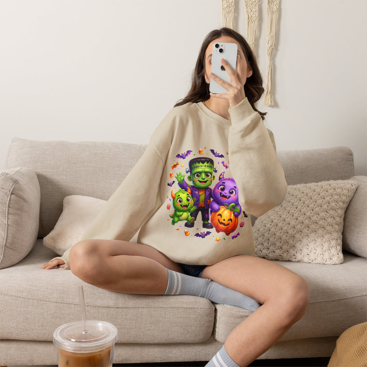 Halloween Monster Crewneck Sweatshirt — Cute Frankenstein, Vampire & Pumpkin Design