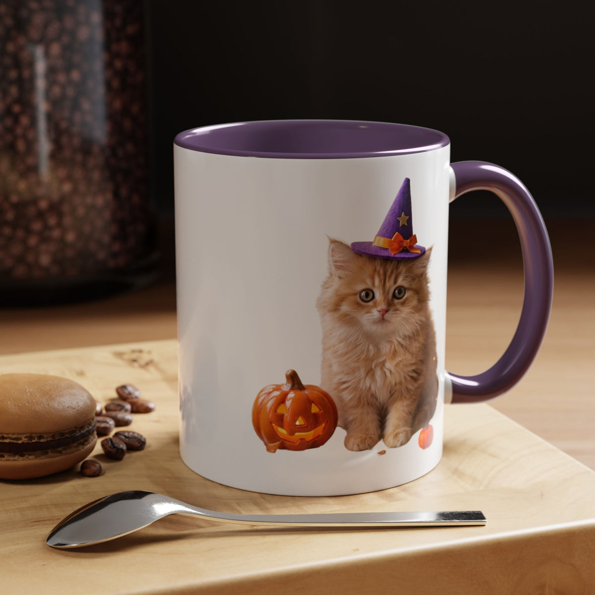 Halloween Cat Coffee Mug with Witch Hat and Pumpkin