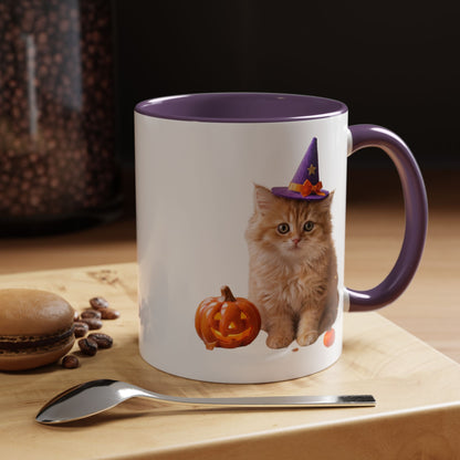 Halloween Cat Coffee Mug with Witch Hat and Pumpkin