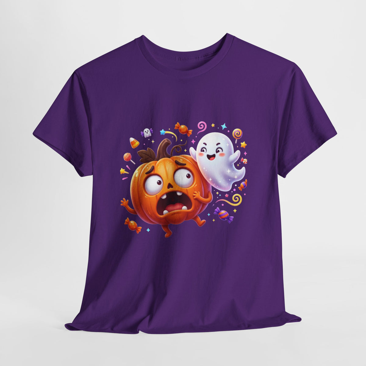 Cute Halloween Pumpkin & Ghost Tee — Scared Pumpkin Candy Graphic T-Shirt