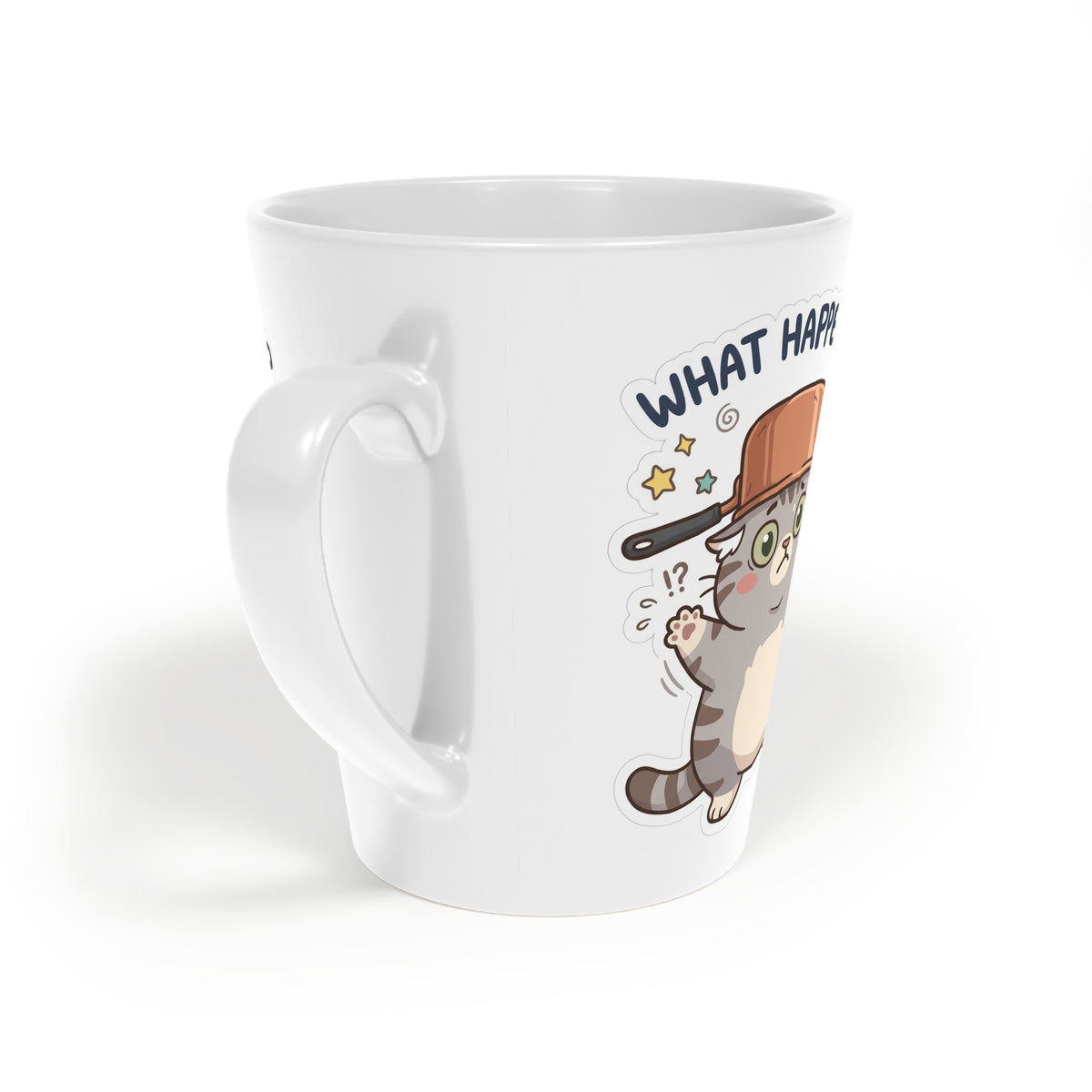 Latte Mug — Cute Cat 'What Happened?' Coffee Cup, 12oz