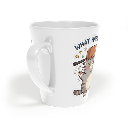 Latte Mug — Cute Cat 'What Happened?' Coffee Cup, 12oz