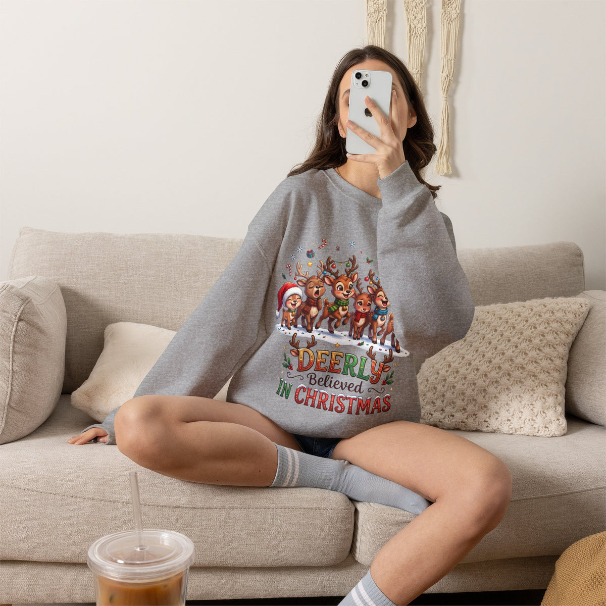 Christmas Reindeer Crewneck Sweatshirt — "Deerly Believed in Christmas" Holiday Pullover