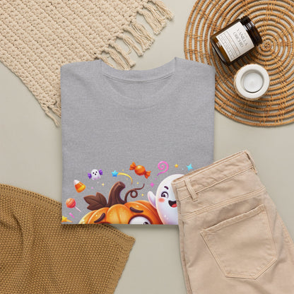 Cute Halloween Pumpkin & Ghost Tee — Scared Pumpkin Candy Graphic T-Shirt