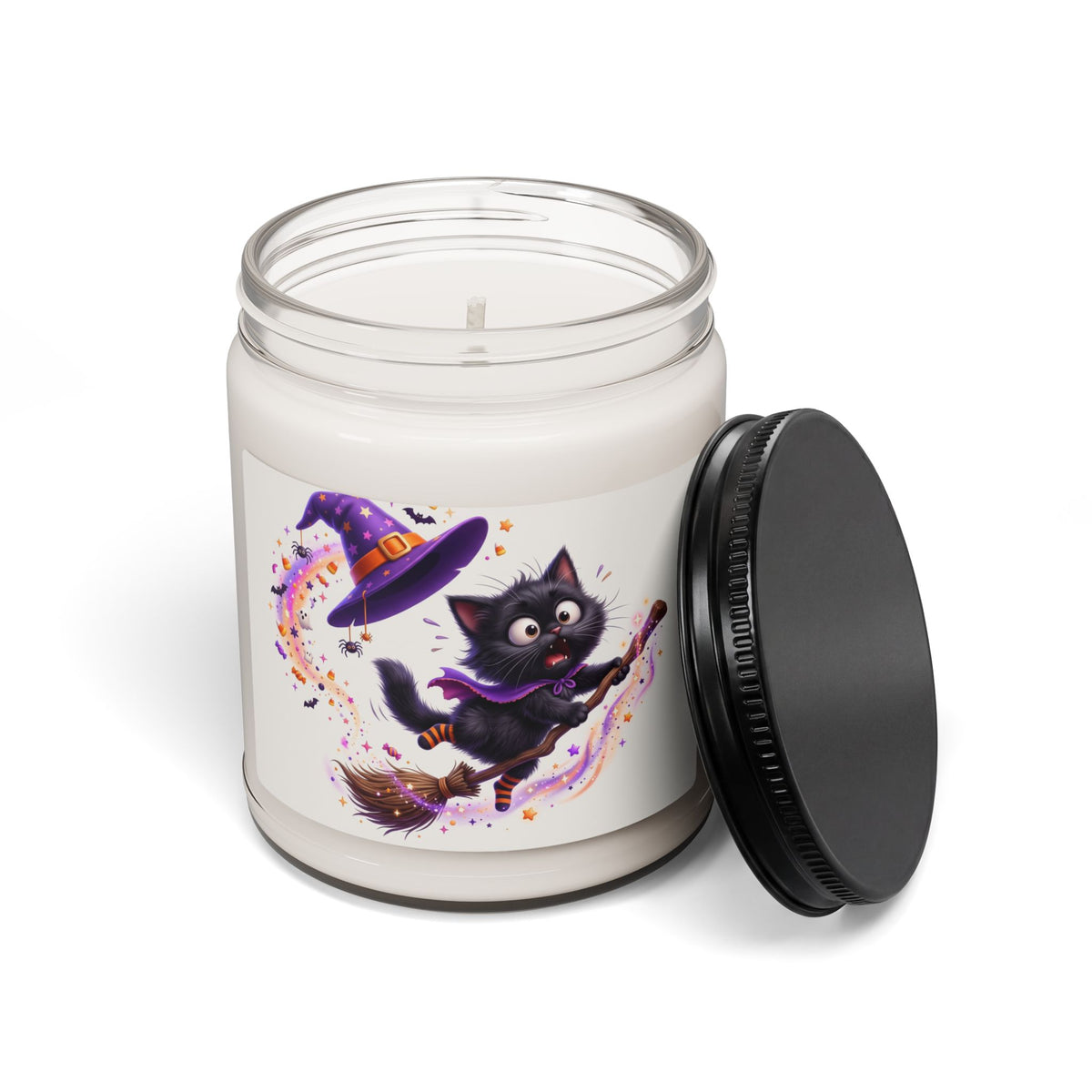 Halloween Witch Cat Soy Candle — 9oz Scented Jar (Cute Black Cat on Broom)