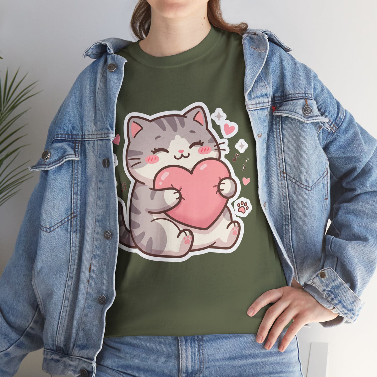 Cute Cat Hugging Heart T-Shirt — Kawaii Valentine Kitty Tee
