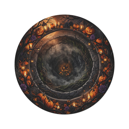 Halloween Haunted Pumpkin Round Rug — Spooky Cottage Vortex Floor Mat