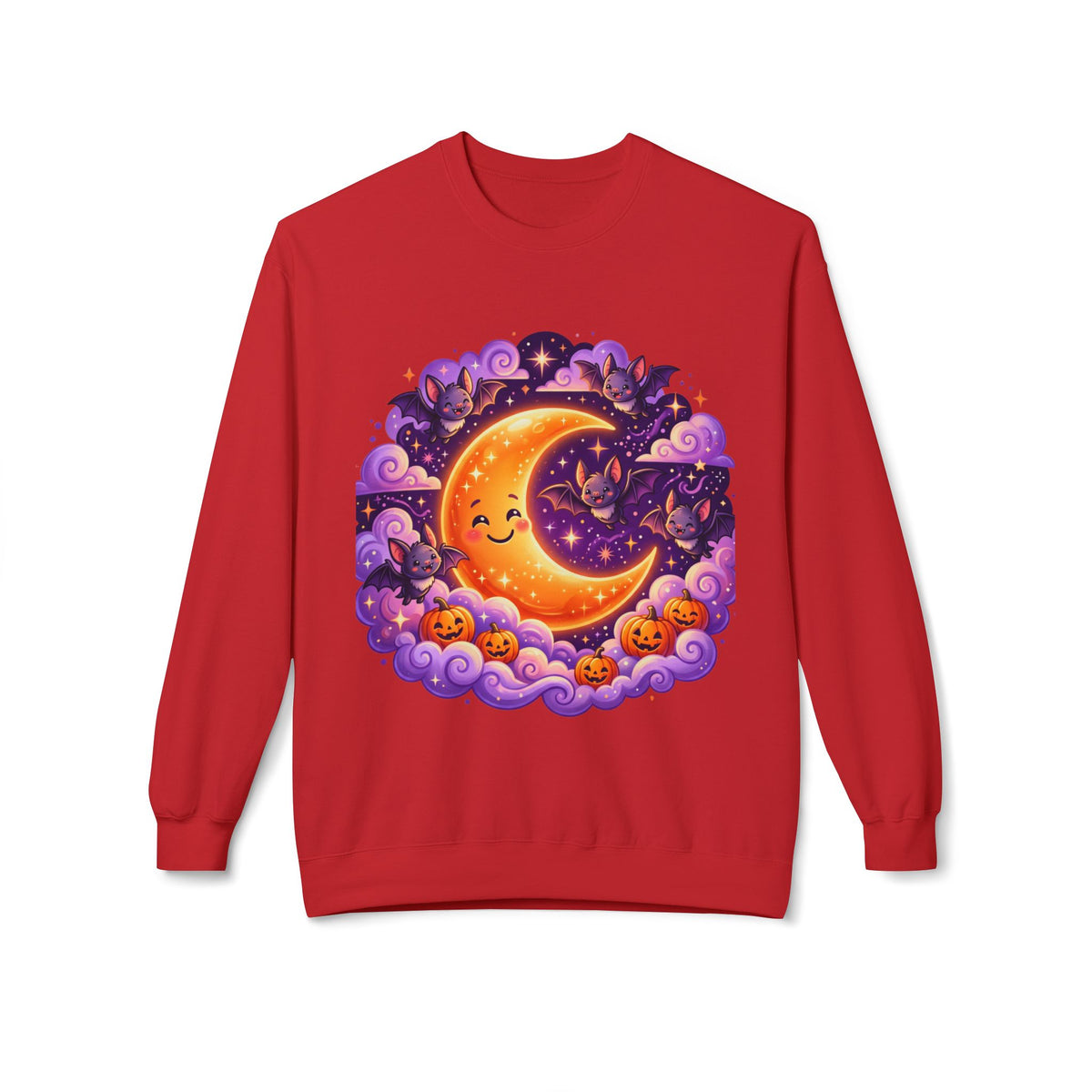 Halloween Moon Crewneck Sweatshirt — Cute Smiling Moon, Pumpkins & Bats Pullover