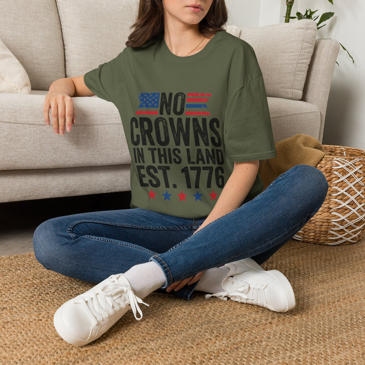 T-Shirt — "No Crowns in This Land Est. 1776" Patriotic USA Graphic Tee