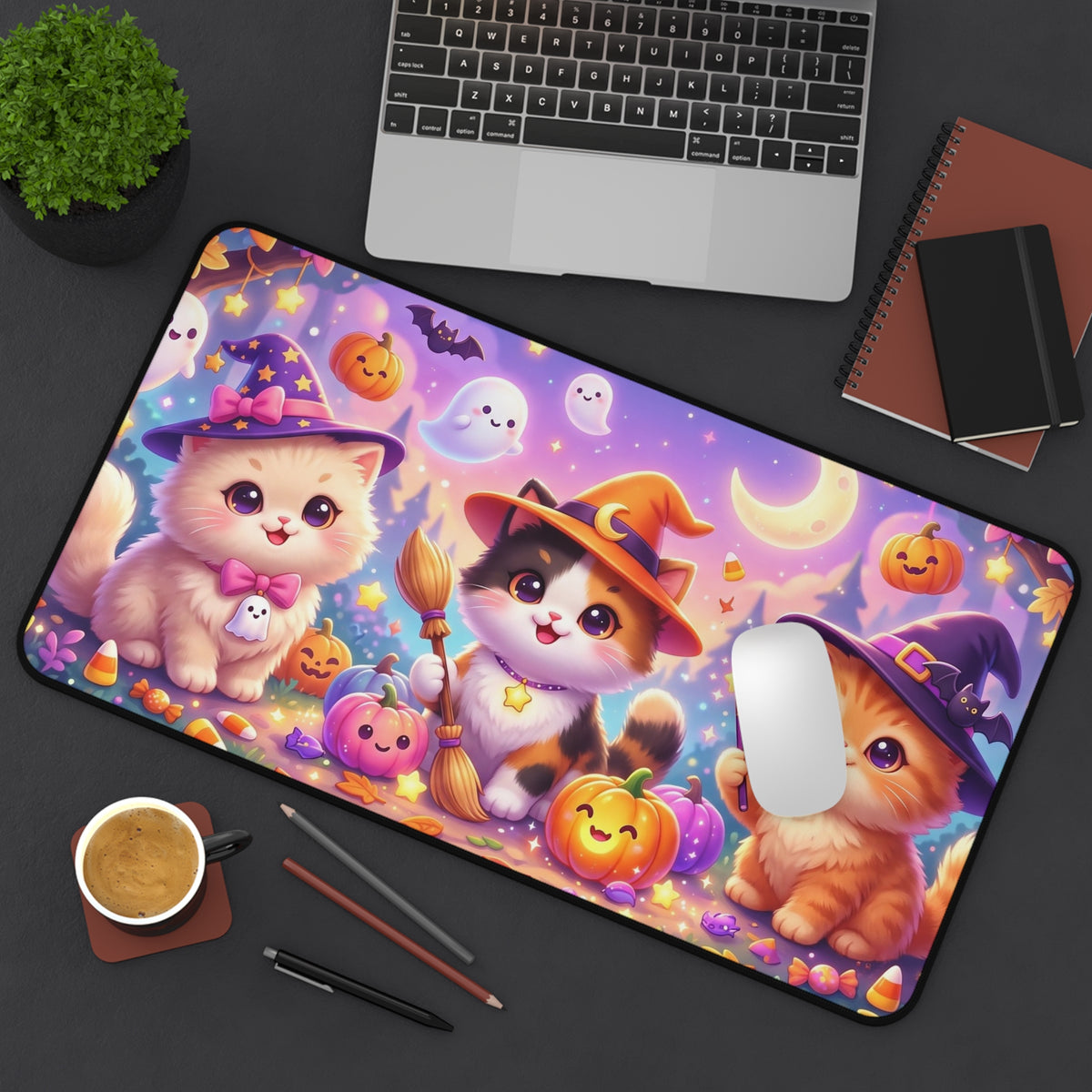 Halloween Kittens Desk Mat — Cute Witch Cat Pumpkins Gaming Mouse Pad