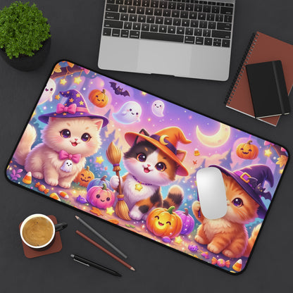 Halloween Kittens Desk Mat — Cute Witch Cat Pumpkins Gaming Mouse Pad