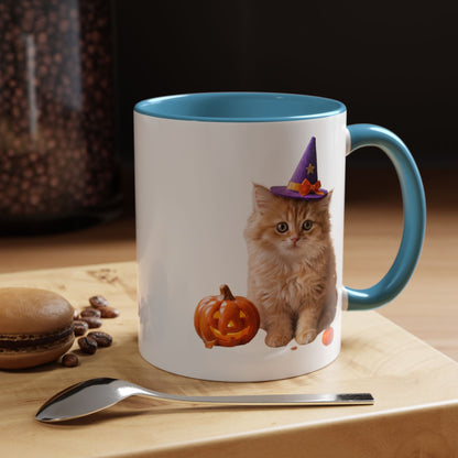 Halloween Cat Coffee Mug with Witch Hat and Pumpkin