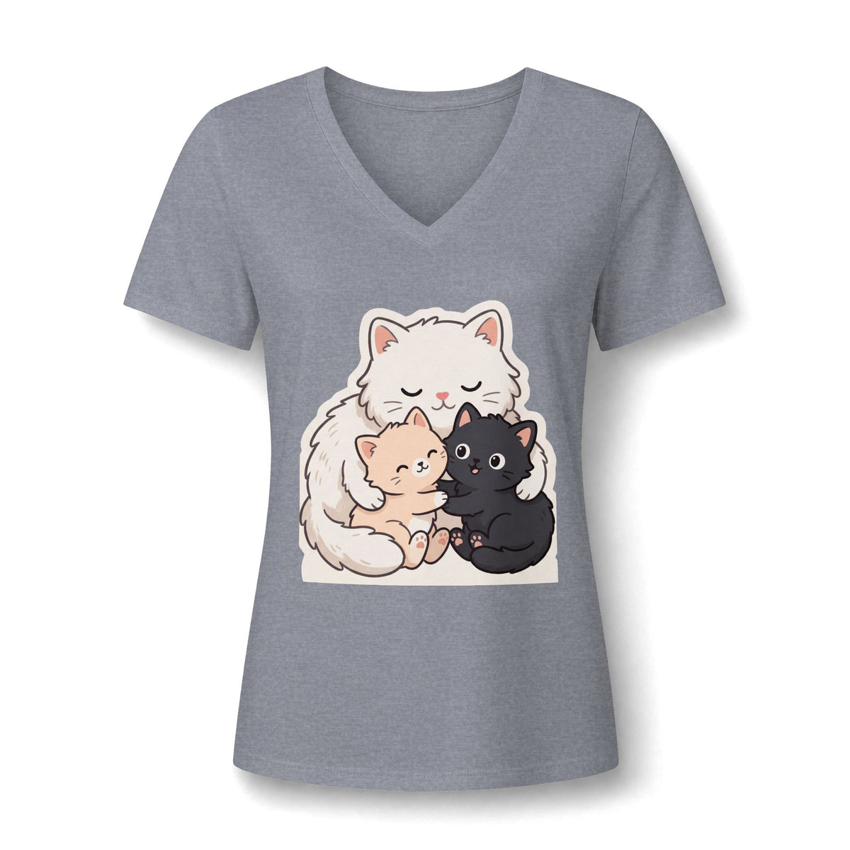 Women's Cat Mama V-Neck Tee — Cute Mom Cat and Kittens Graphic