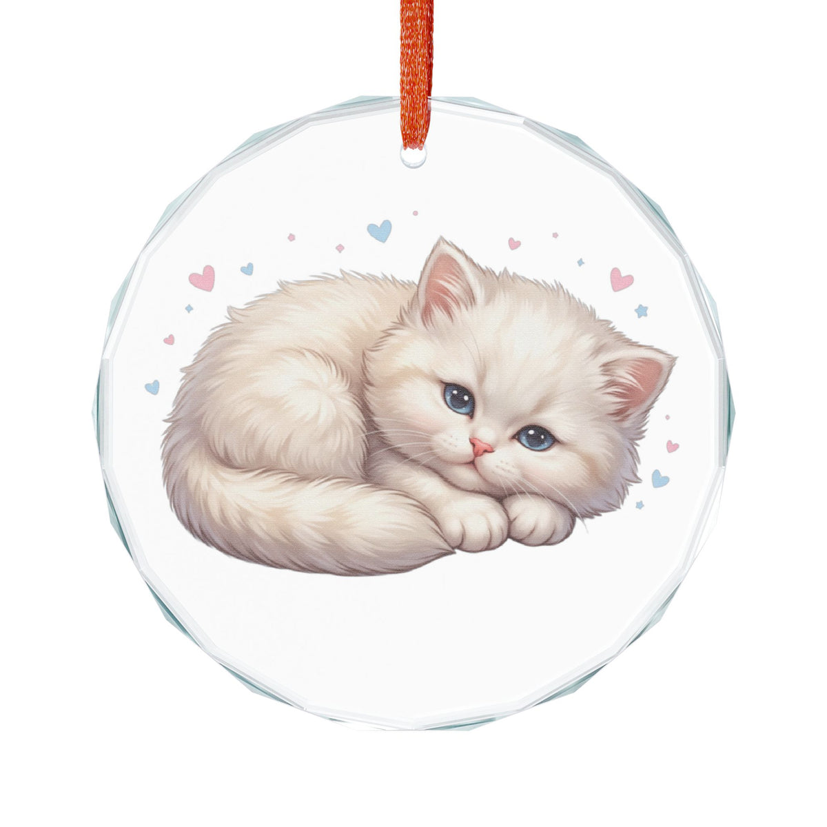 Glass Ornament — Cute Sleeping Kitten Holiday Ornament (Hearts)