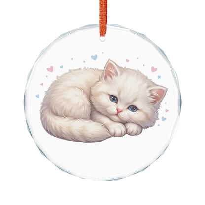 Glass Ornament — Cute Sleeping Kitten Holiday Ornament (Hearts)