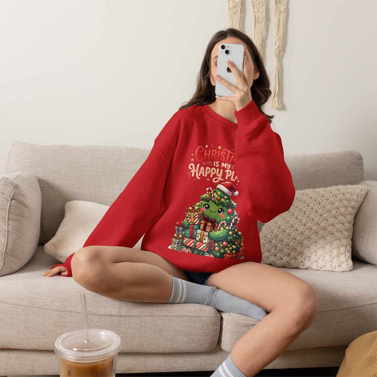 Christmas Happy Place Crewneck Sweatshirt — Cute Kawaii Tree & Gifts Holiday Sweatshirt