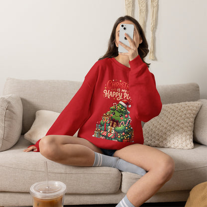 Christmas Happy Place Crewneck Sweatshirt — Cute Kawaii Tree & Gifts Holiday Sweatshirt