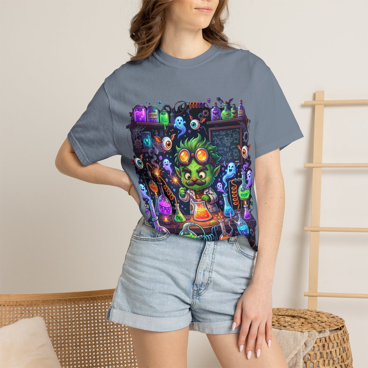 Mad Scientist Cat Lab T-Shirt — Neon Potion Halloween Tee