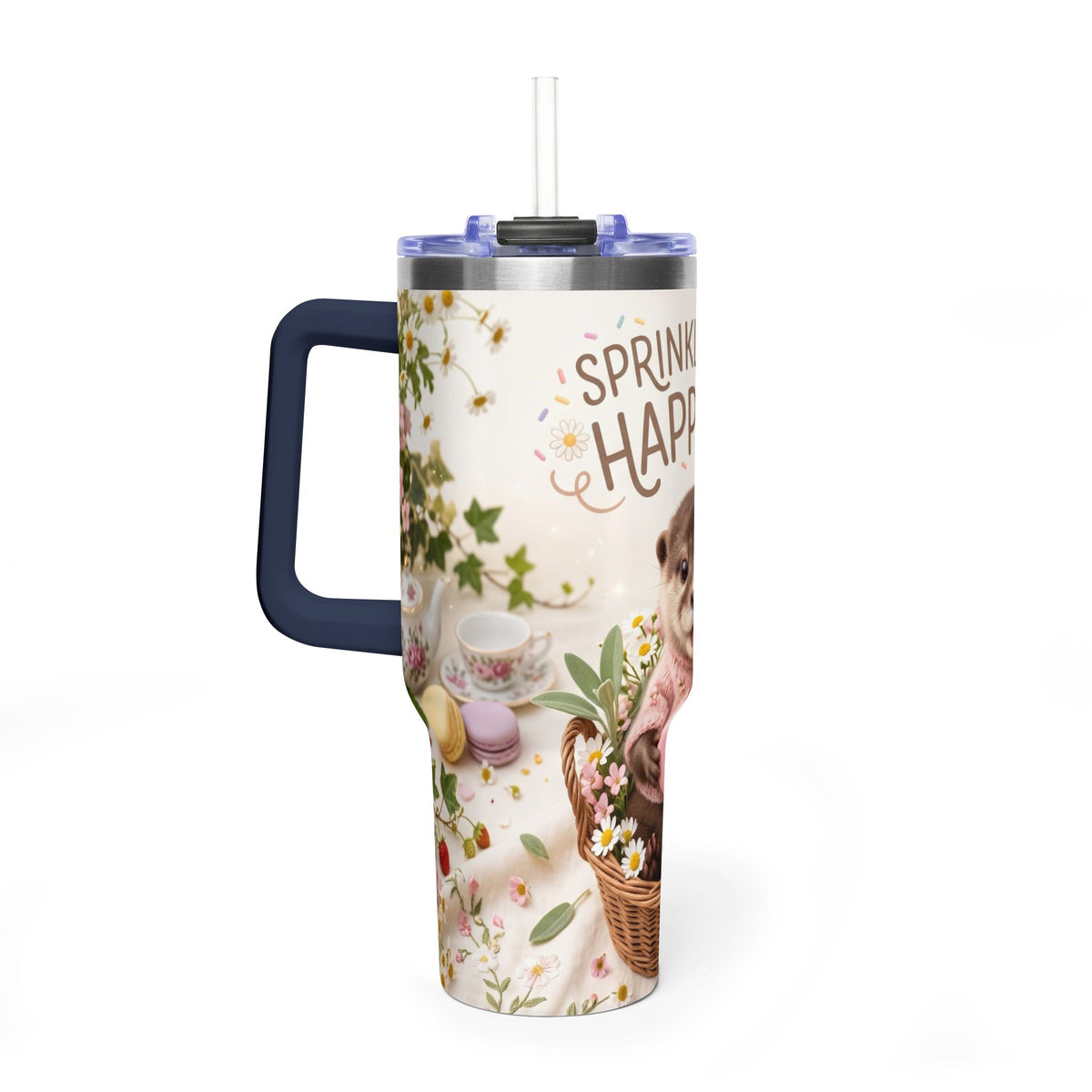 40oz Tumbler – “Sprinkled with Happiness” Puppy Floral Drink Cup