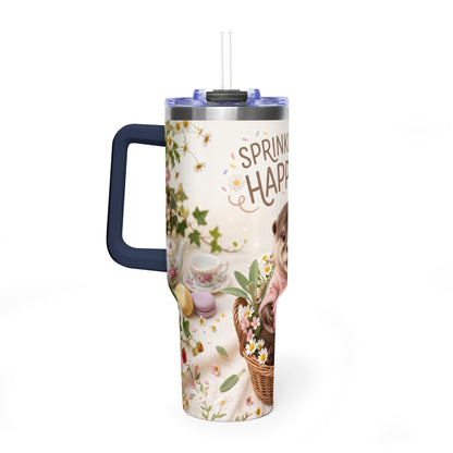 40oz Tumbler – “Sprinkled with Happiness” Puppy Floral Drink Cup