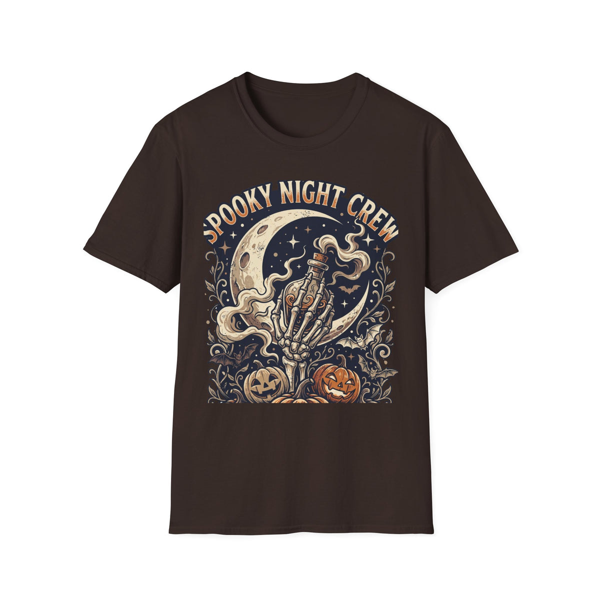 Spooky Night Crew T-Shirt — Vintage Halloween Moon & Skeleton Graphic