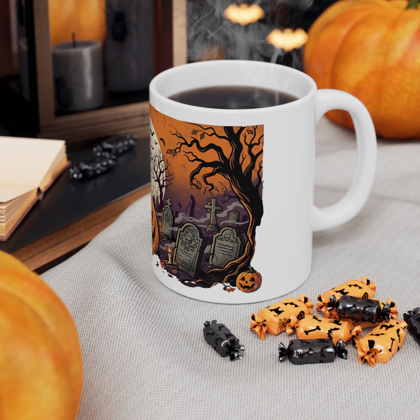 Halloween Pumpkin Mug — Spooky Graveyard Jack-o'-Lantern Ceramic Coffee Cup (11oz/15oz)
