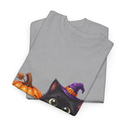 Halloween Black Cat & Pumpkin T‑Shirt — Cute Witch Hat Kitty Fall Tee