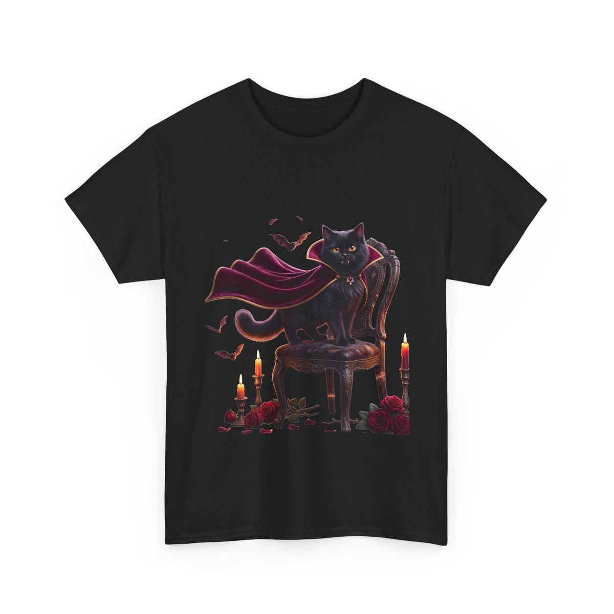 Vampire Cat Tee — Gothic Black Cat with Cape & Candles T-Shirt