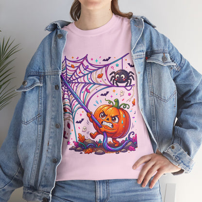 Pumpkin Spider Web Halloween T‑Shirt — Cute Spooky Pumpkin Cartoon Tee