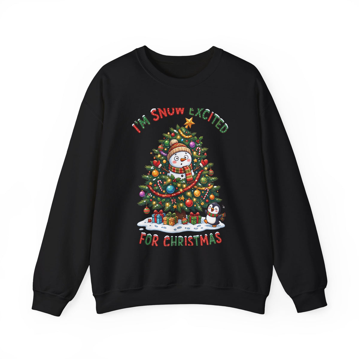 Christmas Sweatshirt – "I’m Snow Excited for Christmas" Cute Snowman Tree Holiday Crewneck