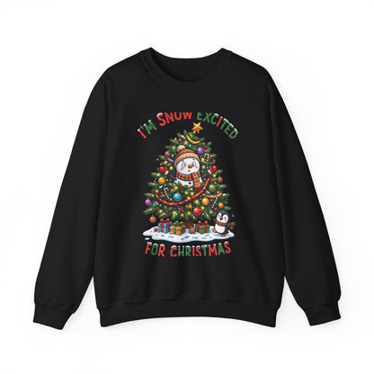 Christmas Sweatshirt – "I’m Snow Excited for Christmas" Cute Snowman Tree Holiday Crewneck