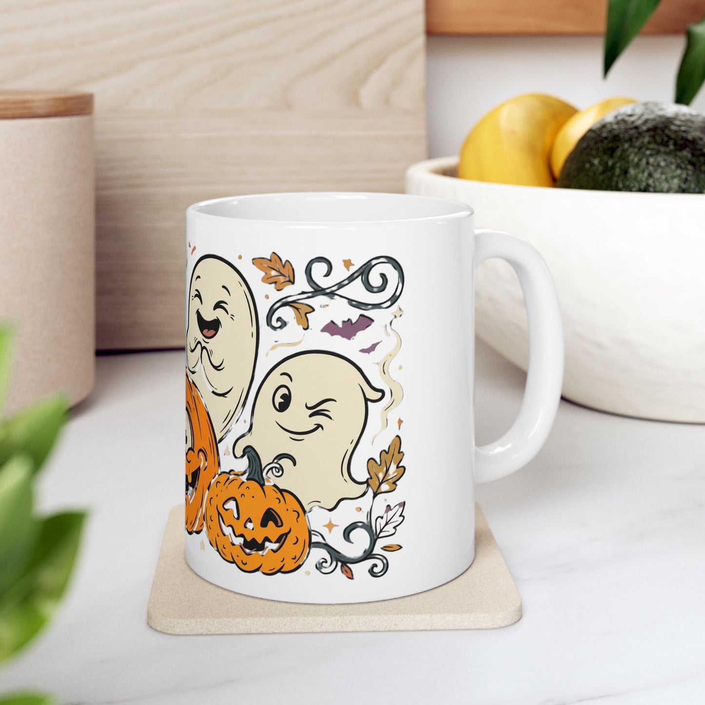 Halloween Pumpkin & Ghost Ceramic Mug — Cute Spooky Fall Coffee Cup (11oz/15oz)