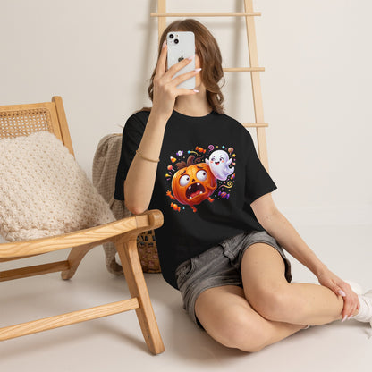 Cute Halloween Pumpkin & Ghost Tee — Scared Pumpkin Candy Graphic T-Shirt
