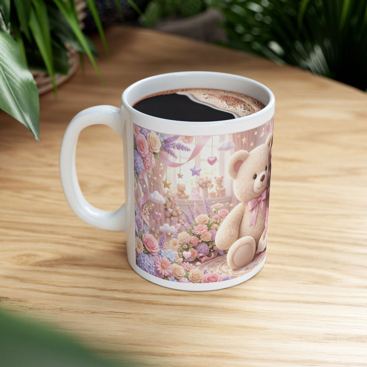 Cute Girl & Teddy Bear Floral Ceramic Mug (11oz, 15oz)