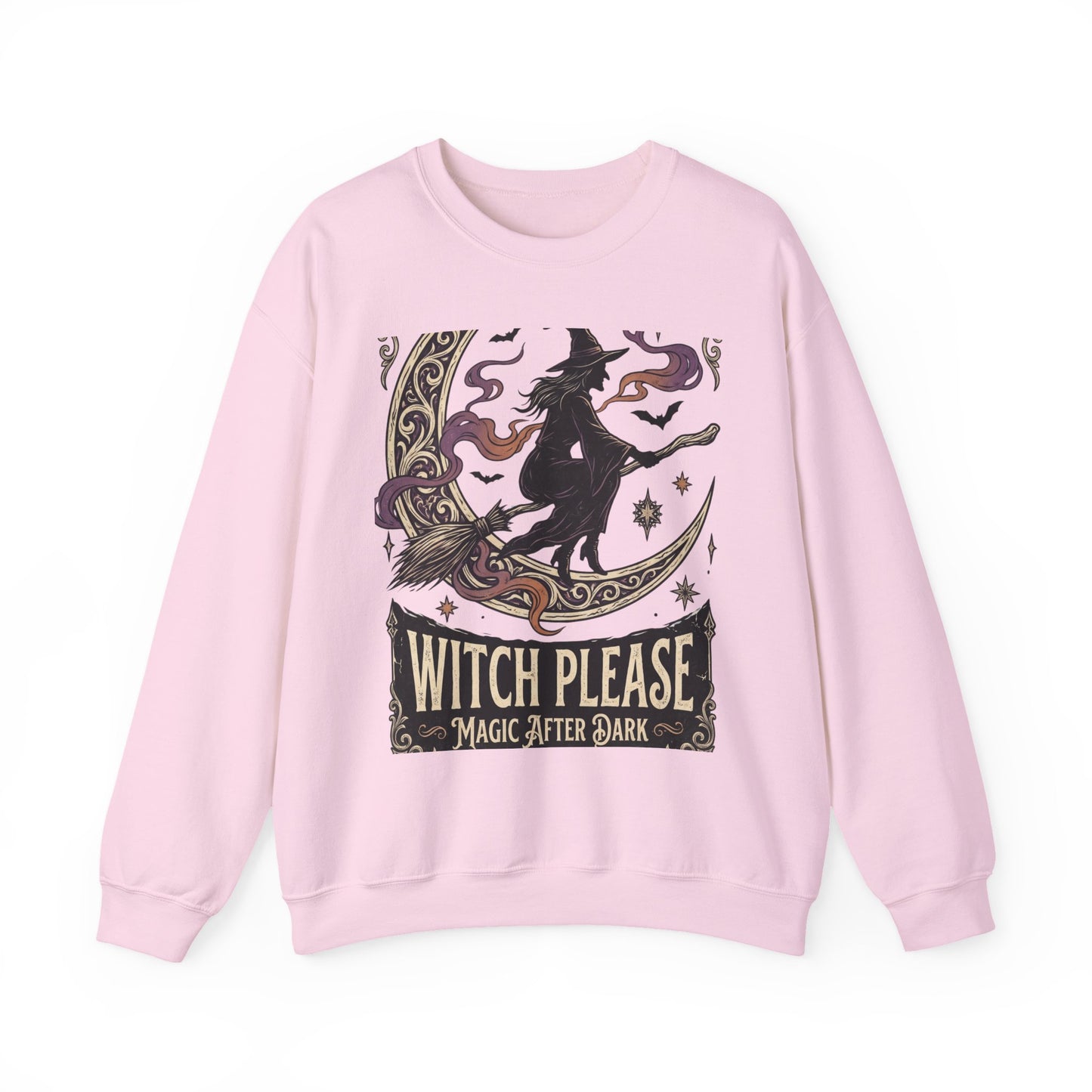 Witch Please Crewneck Sweatshirt — 'Magic After Dark' Witch Silhouette on Crescent Moon