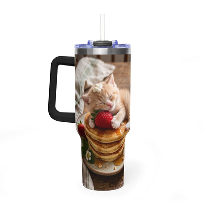 40oz Cat Pancake Thermal Tumbler with Straw
