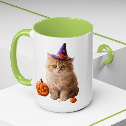 Halloween Cat Coffee Mug with Witch Hat and Pumpkin