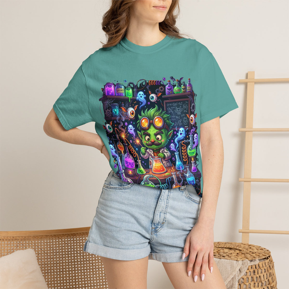 Mad Scientist Cat Lab T-Shirt — Neon Potion Halloween Tee