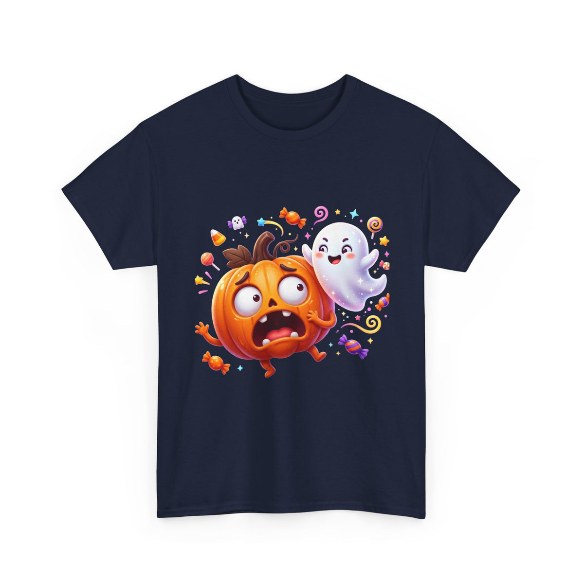 Cute Halloween Pumpkin & Ghost Tee — Scared Pumpkin Candy Graphic T-Shirt