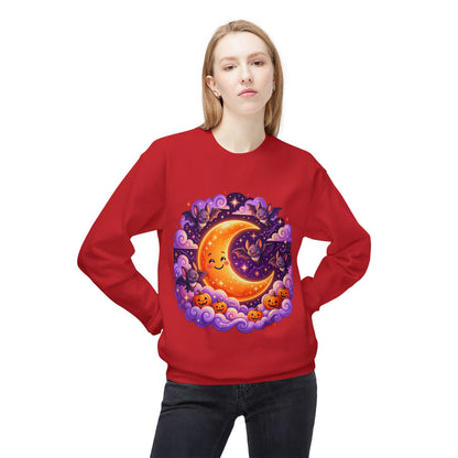 Halloween Moon Crewneck Sweatshirt — Cute Smiling Moon, Pumpkins & Bats Pullover