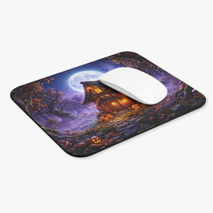 Halloween Cottage Mouse Pad — Haunted Pumpkin Moonlit Desk Mat