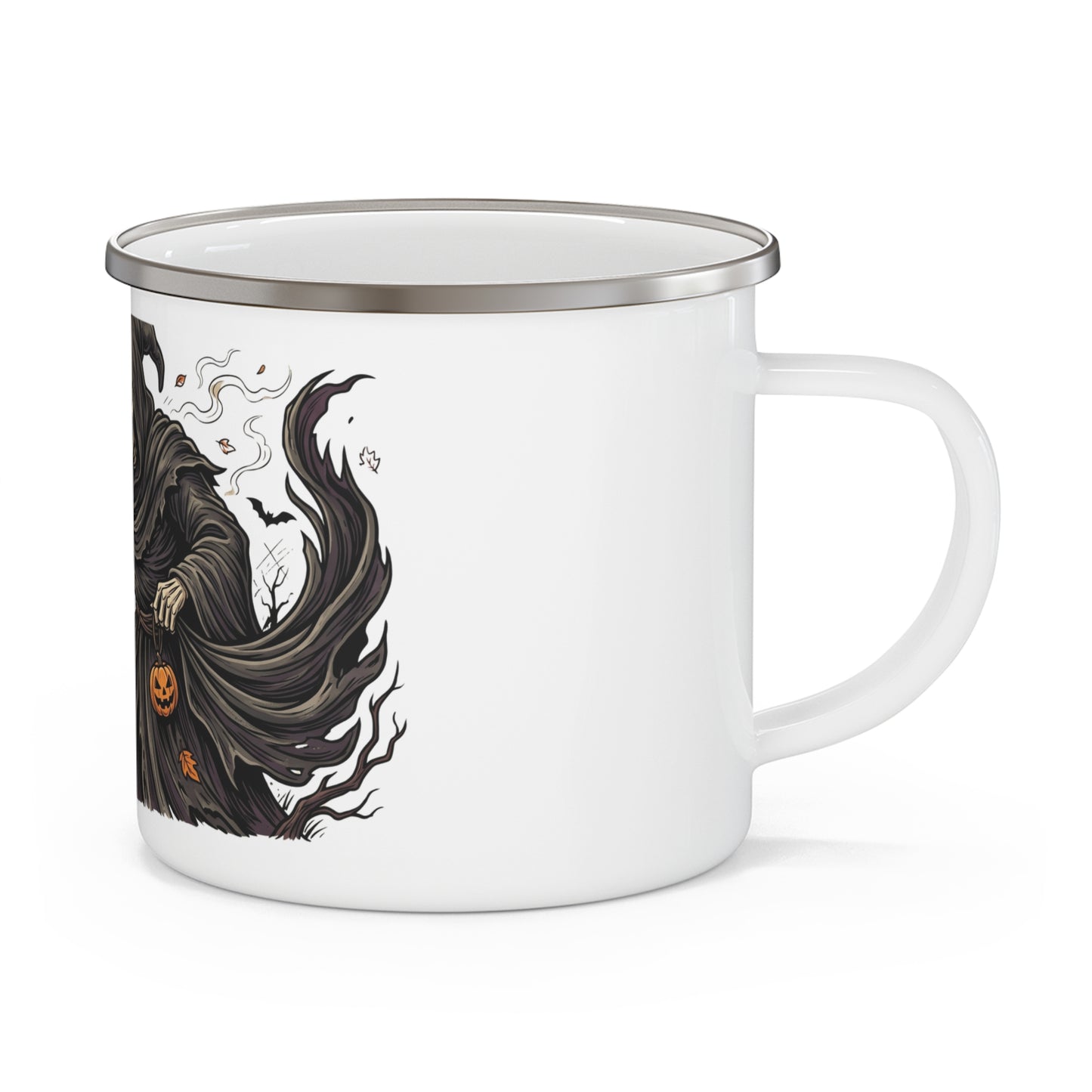 Halloween Grim Reaper Enamel Camping Mug – Spooky Pumpkin Skull Design