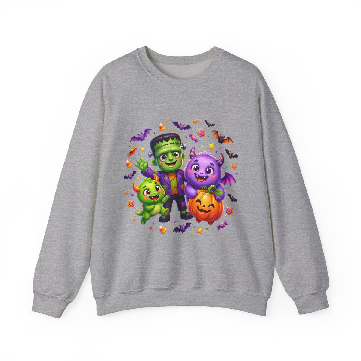 Halloween Monster Crewneck Sweatshirt — Cute Frankenstein, Vampire & Pumpkin Design