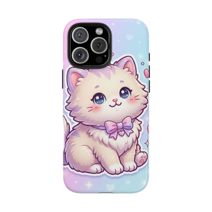 Cute Pastel Kawaii Kitten Tough Phone Case — Cute Cat with Bow Protective Cover