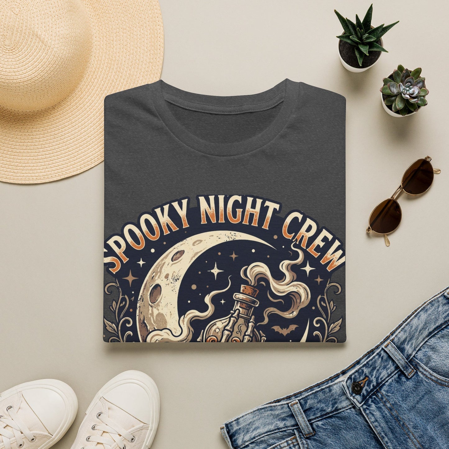 Spooky Night Crew T-Shirt — Vintage Halloween Moon & Skeleton Graphic