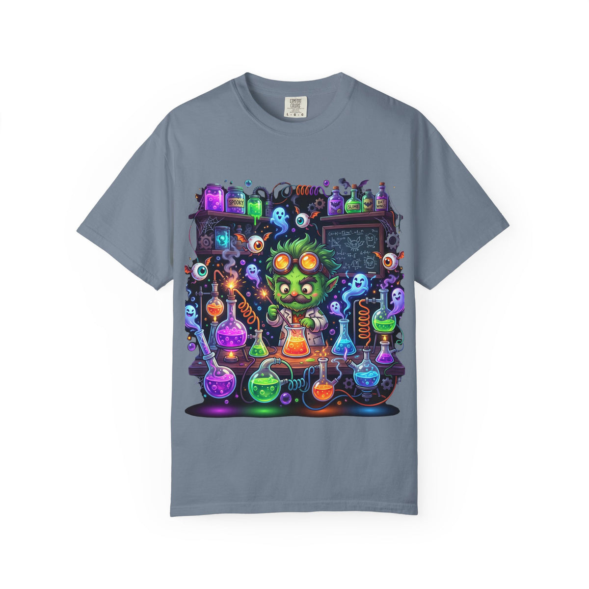Mad Scientist Cat Lab T-Shirt — Neon Potion Halloween Tee
