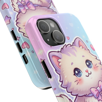 Cute Pastel Kawaii Kitten Tough Phone Case — Cute Cat with Bow Protective Cover