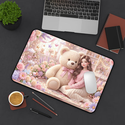 Cute Teddy Bear Desk Mat — Pastel Floral Girl Mousepad