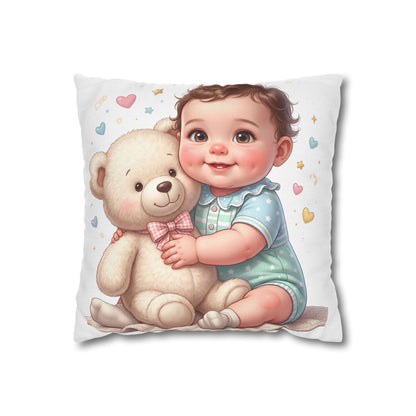 Baby & Teddy Square Pillowcase - Cute Infant Nursery Decorative Throw Pillow